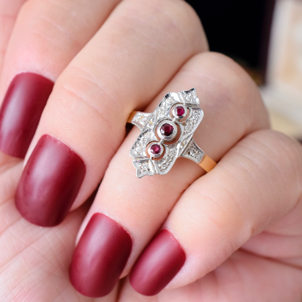 Modern Art Deco Design 14ct Yellow Gold Ruby And Diamond Ring