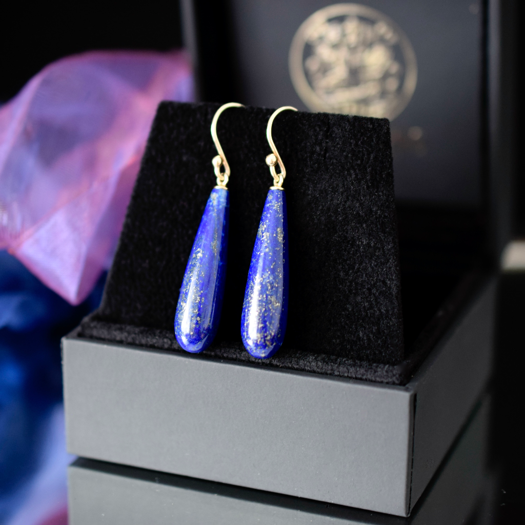 Modern 9ct Yellow Gold Lapis Lazuli Pendeloque Drop Earrings