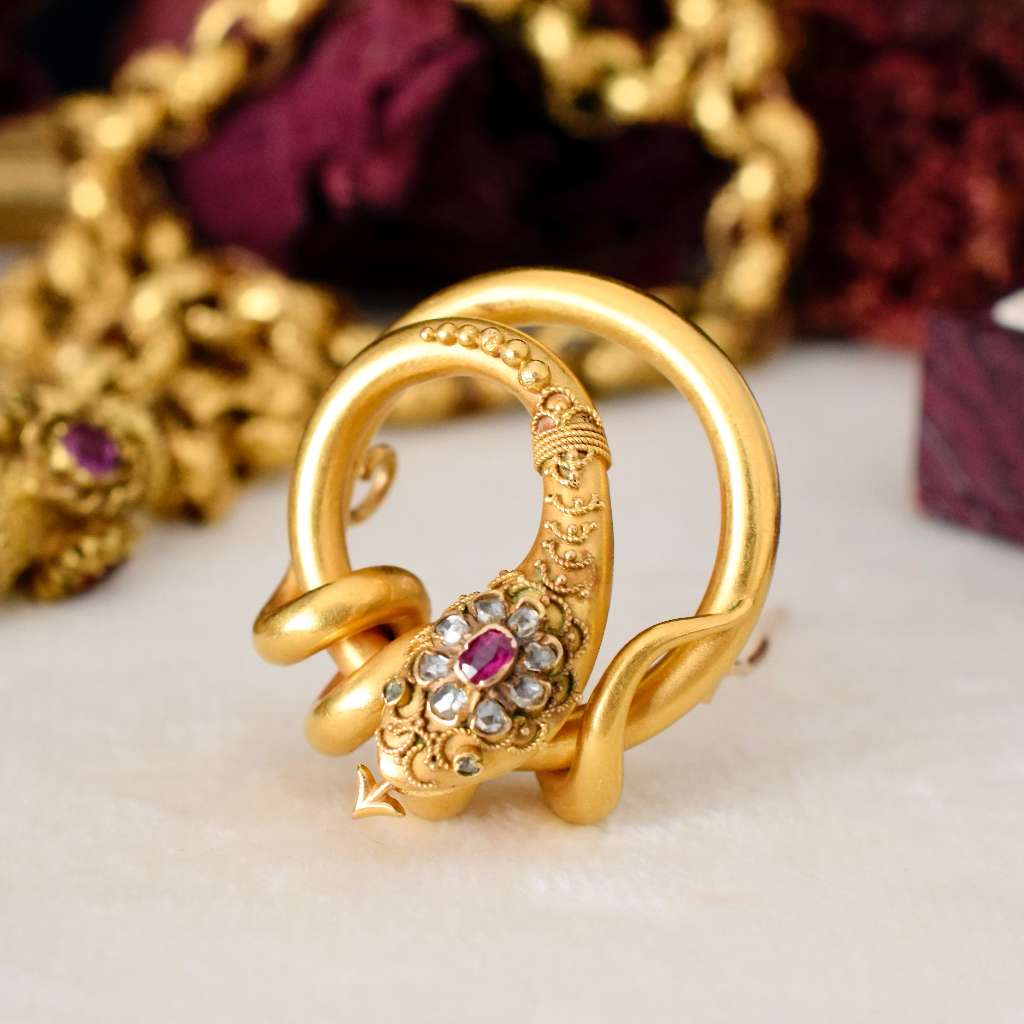 Antique Victorian 22ct Yellow Gold Ruby And Diamond Serpent Brooch Circa 1880