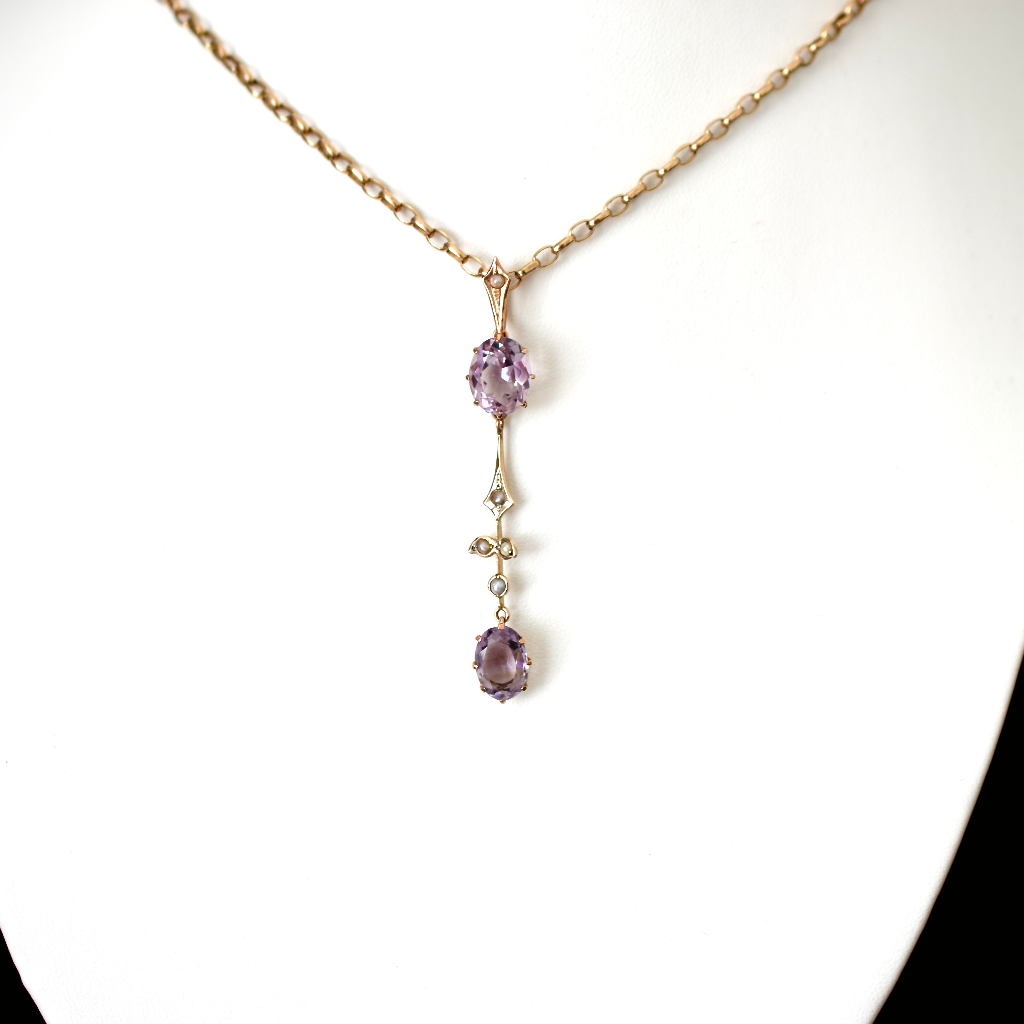 Antique Edwardian 9ct Rose Gold Amethyst And Seed Pearl Pendant Circa 1910