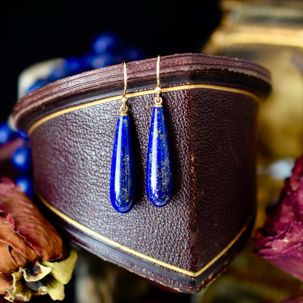 Modern 9ct Yellow Gold Lapis Lazuli Pendeloque Drop Earrings