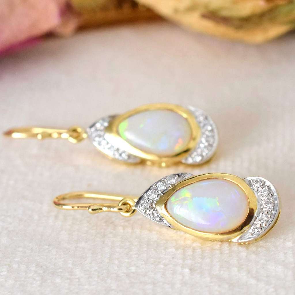 Modern 18ct Yellow Gold Solid White Crystal Opal And Diamond Earrings
