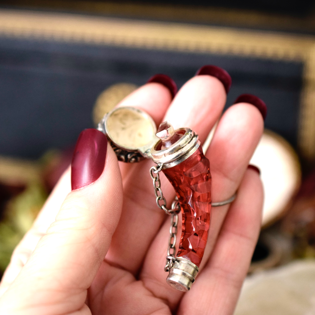 Antique Victorian Ruby Glass Sterling Silver Cornucopia Chatelaine Scent Bottle Circa 1890