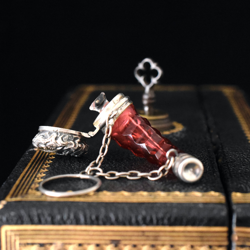 Antique Victorian Ruby Glass Sterling Silver Cornucopia Chatelaine Scent Bottle Circa 1890
