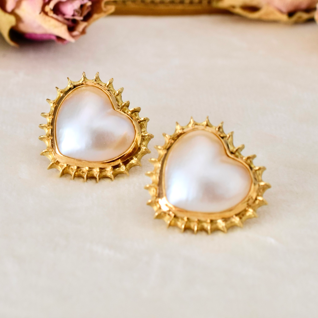 Modern 18ct Yellow Gold ‘Heart’ Cut Mabe Pearl Earrings