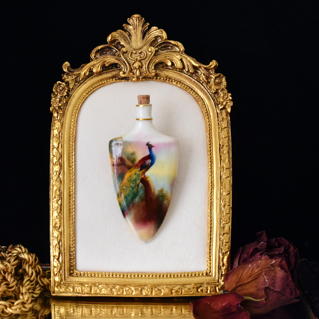 Antique Late Victorian Royal Worcester ‘Peacock’ Porcelain Scent Bottle Circa 1890