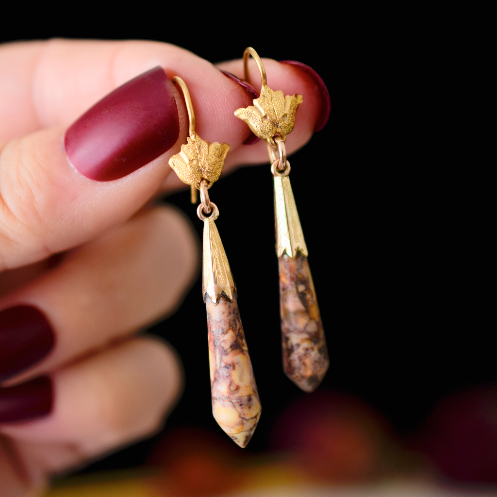 Antique Victorian 19ct And 15ct Gold Rhodonite Torpedo Earrings Circa 1870