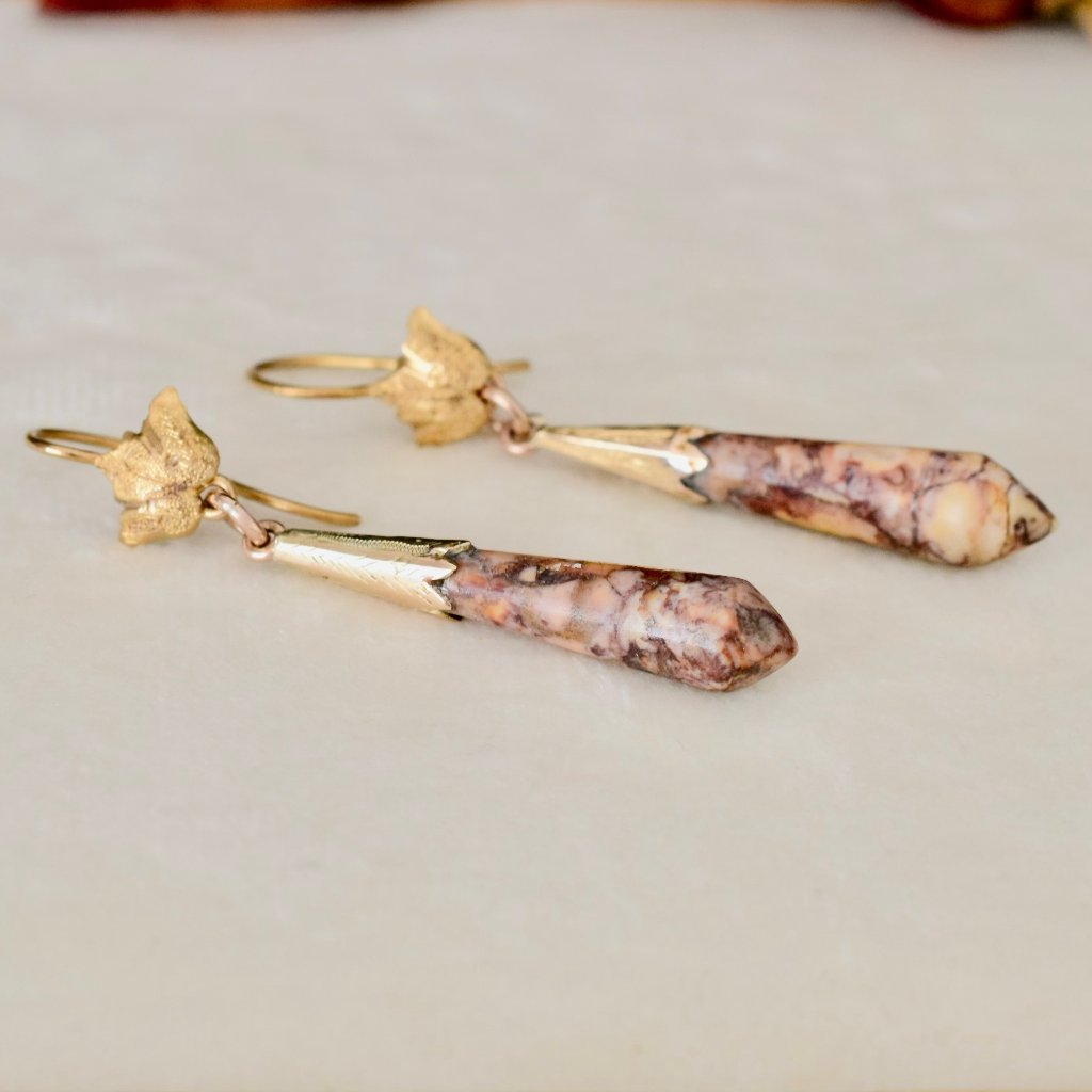 Antique Victorian 19ct And 15ct Gold Rhodonite Torpedo Earrings Circa 1870