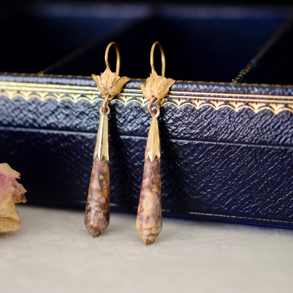 Antique Victorian 19ct And 15ct Gold Rhodonite Torpedo Earrings Circa 1870