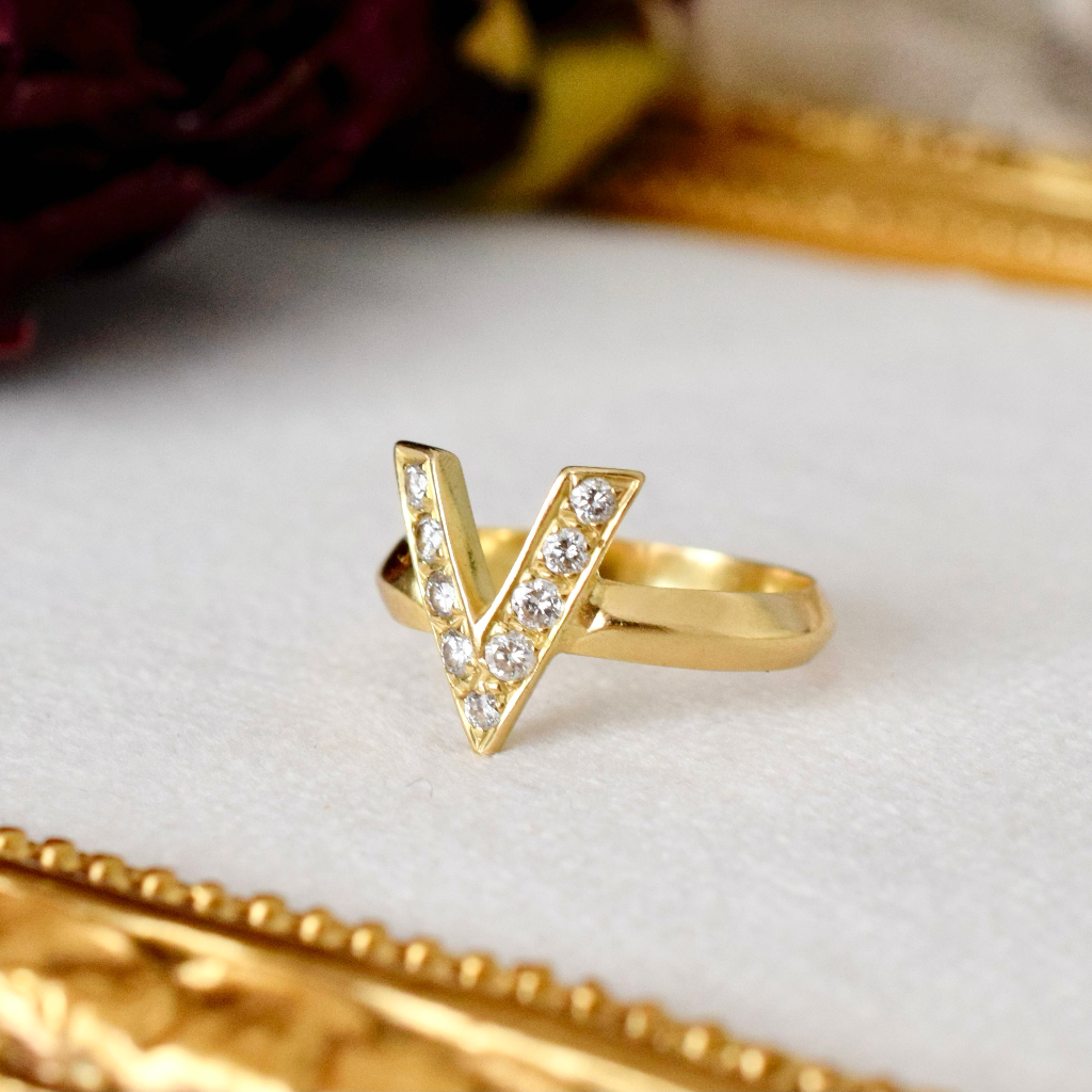 Modern 18ct Yellow Gold Diamond Initial ‘V’ Ring