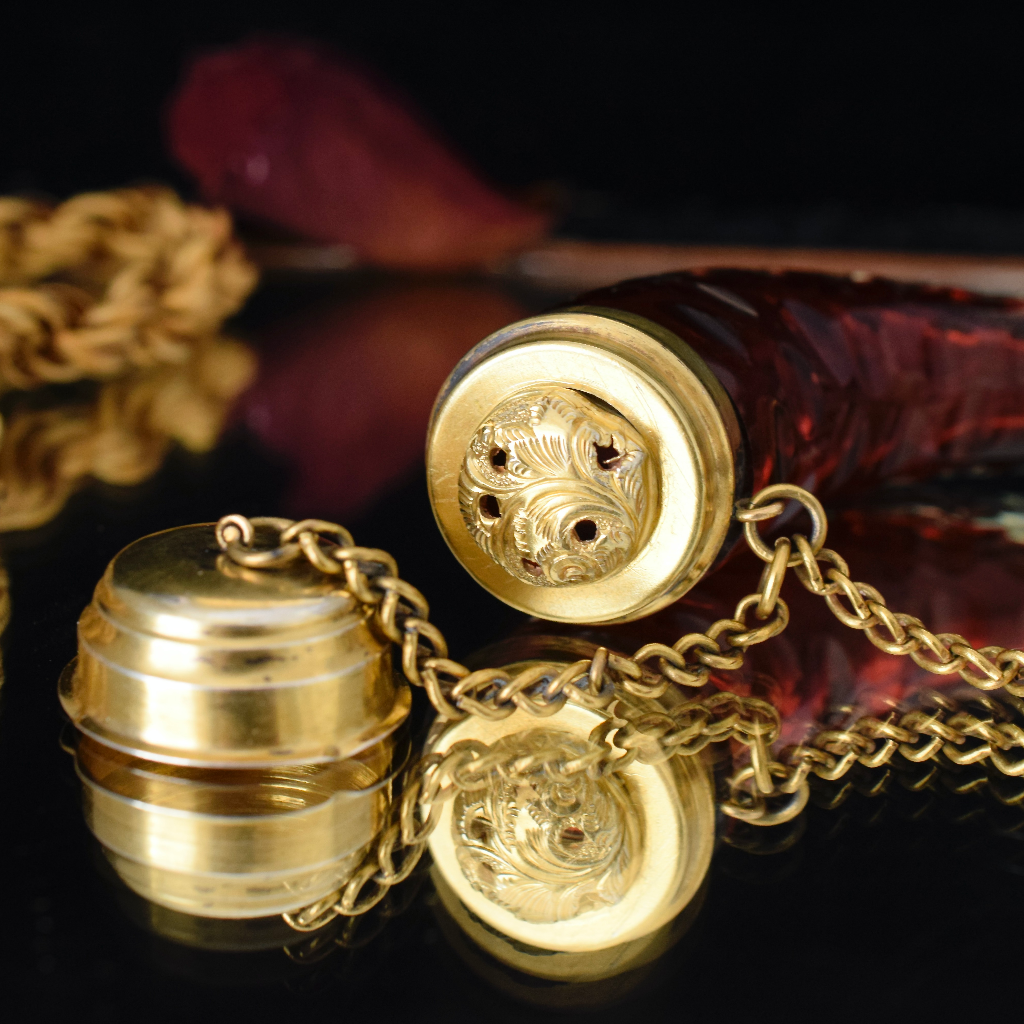 Antique Victorian Ruby Glass Scent Bottle / Vinaigrette Combined - Circa 1890