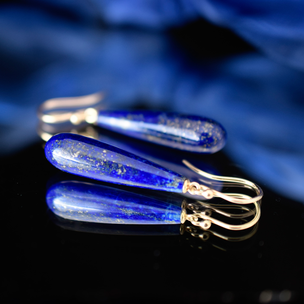 Modern 9ct Yellow Gold Lapis Lazuli Pendeloque Drop Earrings