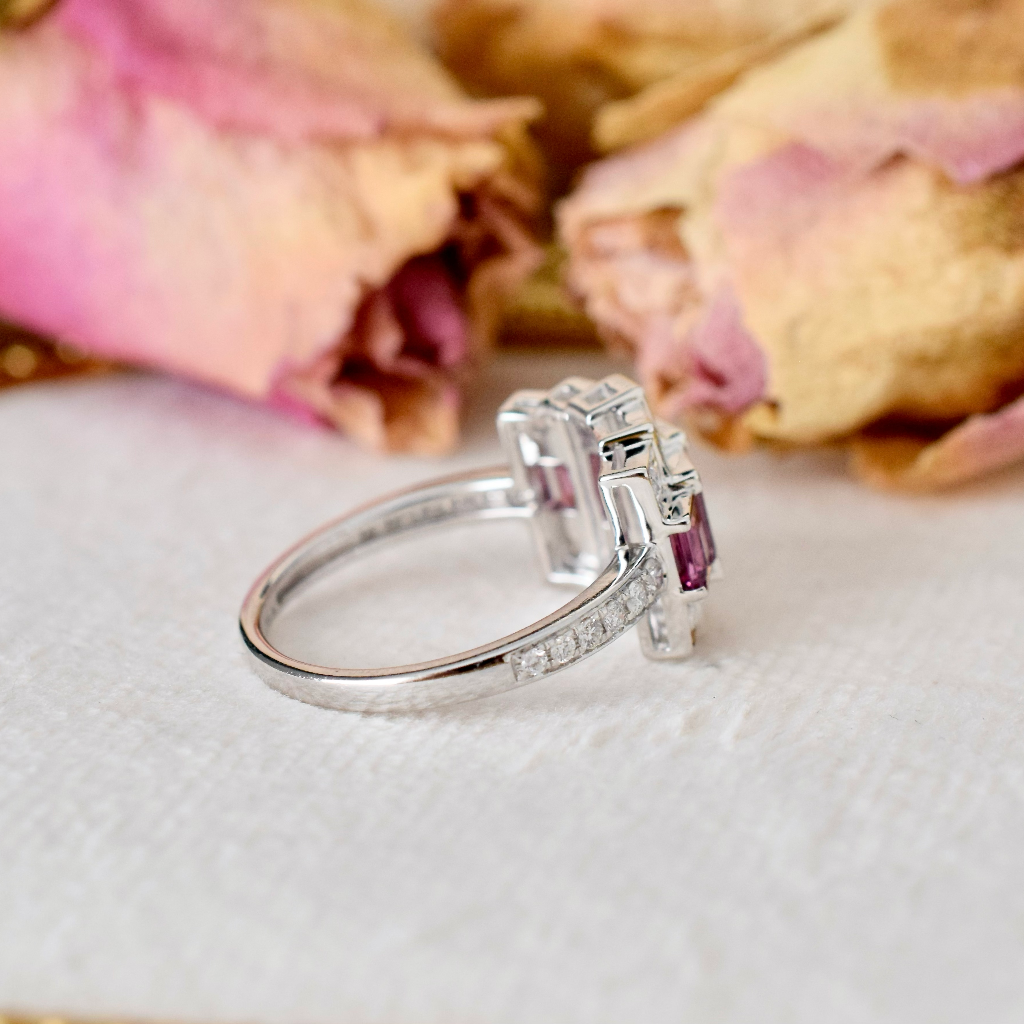 Modern 14ct White Gold Rhodolite Garnet And Diamond Ring