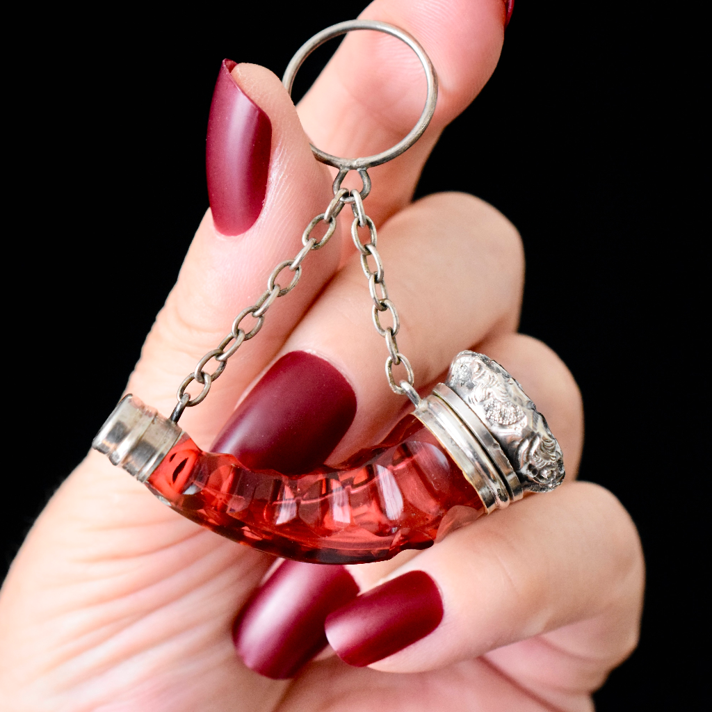 Antique Victorian Ruby Glass Sterling Silver Cornucopia Chatelaine Scent Bottle Circa 1890