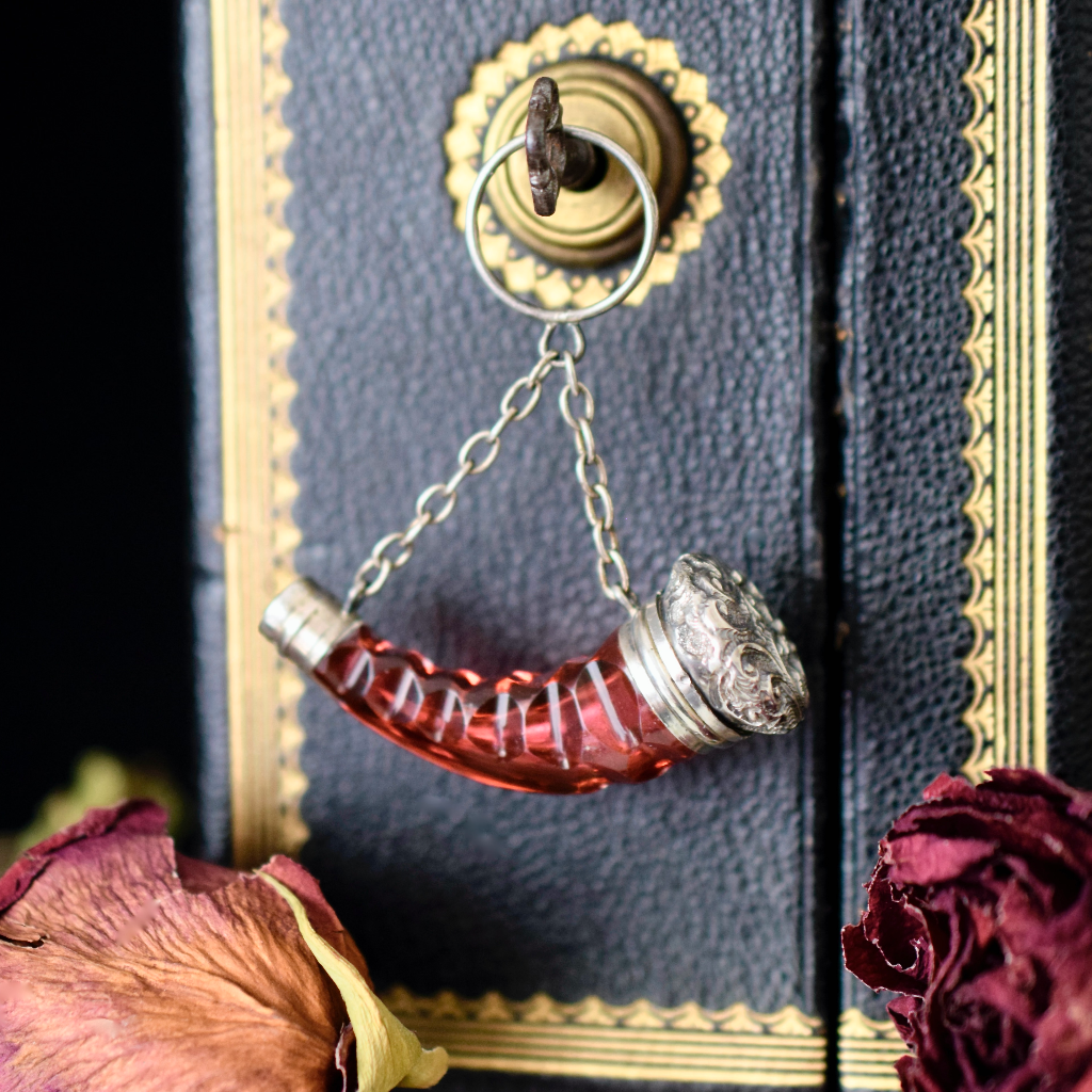 Antique Victorian Ruby Glass Sterling Silver Cornucopia Chatelaine Scent Bottle Circa 1890