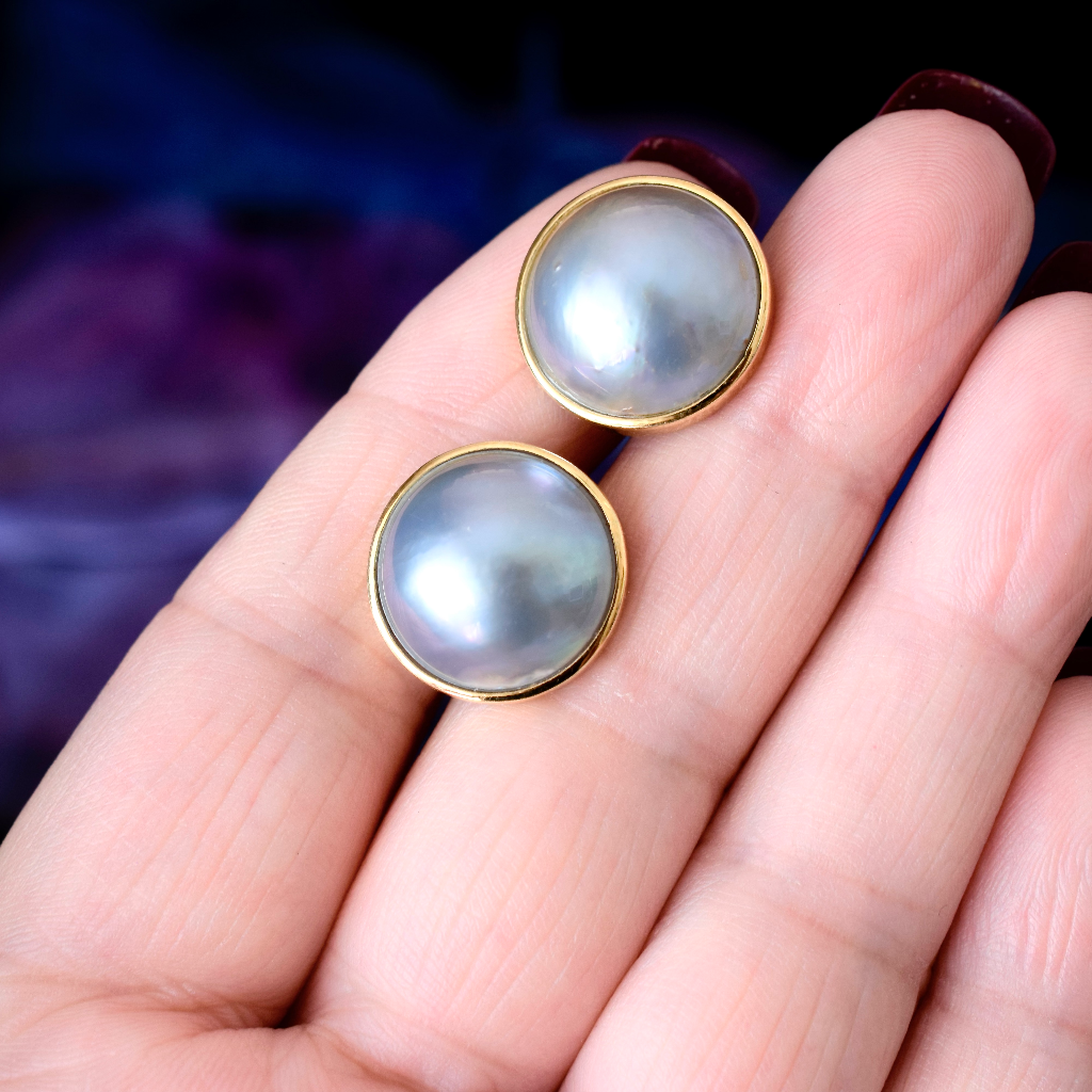 Modern 18ct Yellow Gold Large Mabe Pearl Earrings