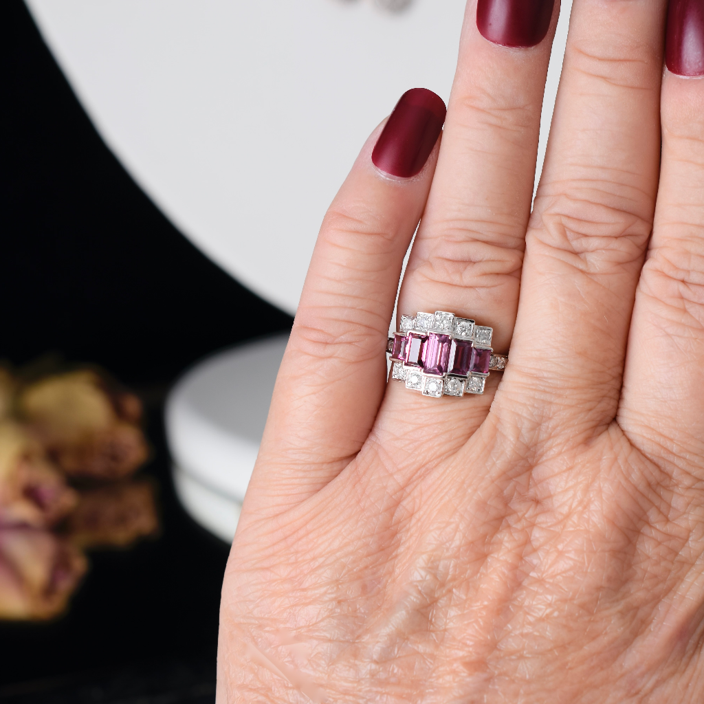 Modern 14ct White Gold Rhodolite Garnet And Diamond Ring