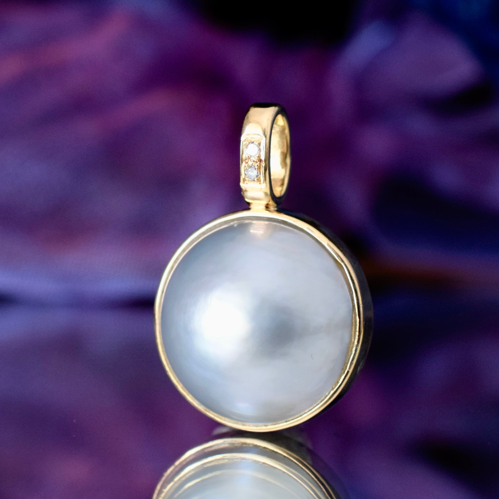 Modern 18ct Yellow Gold Diamond And Mabe Pearl Pendant