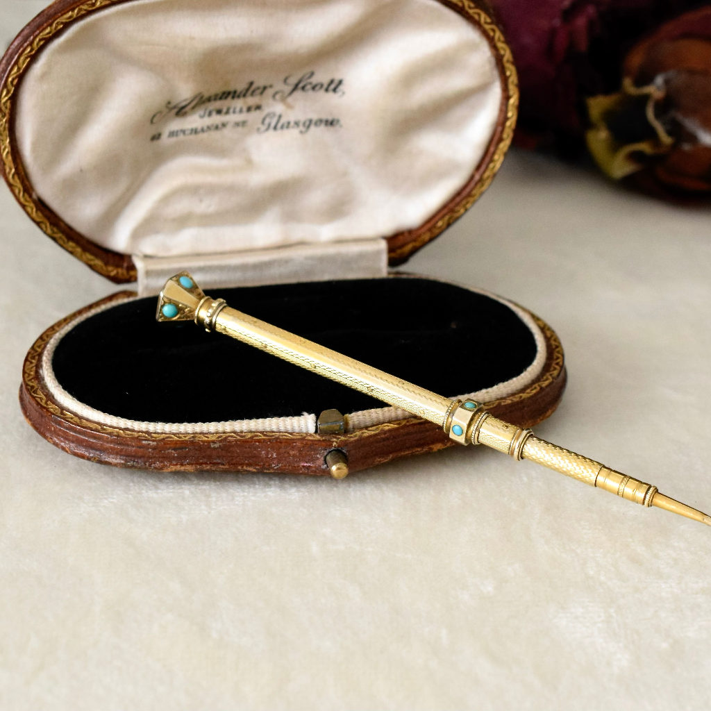 Antique 9ct Yellow Gold Turquoise Propelling Pencil Circa 1890