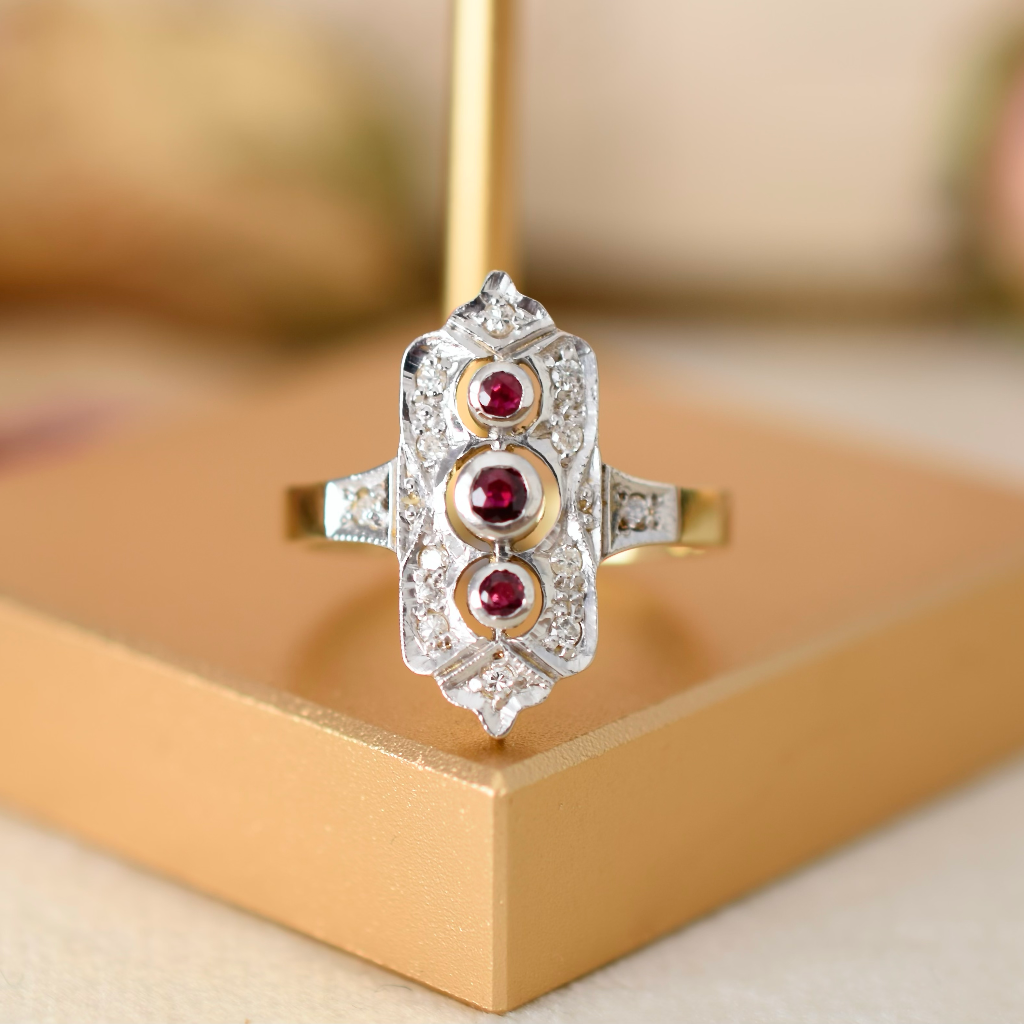 Modern Art Deco Design 14ct Yellow Gold Ruby And Diamond Ring