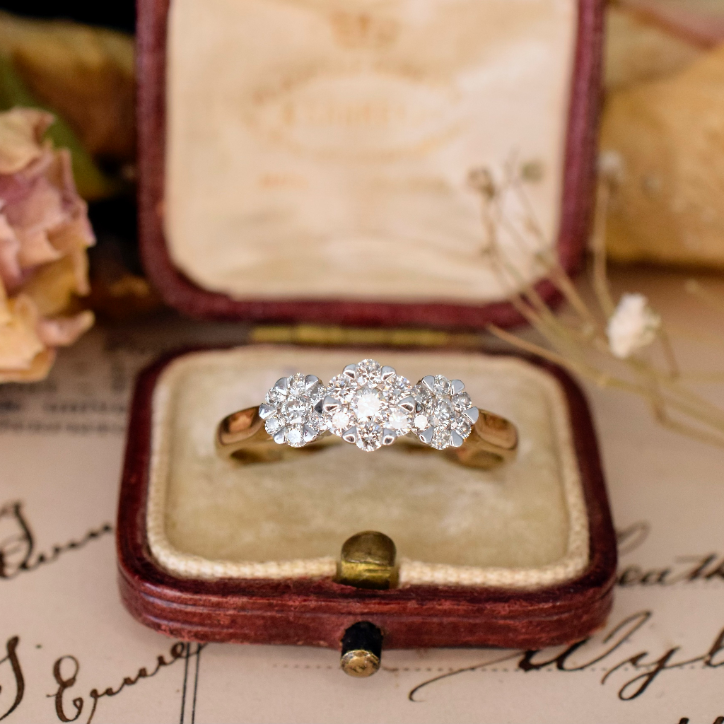 Modern 9ct Yellow Gold Daisy Trilogy Diamond Ring