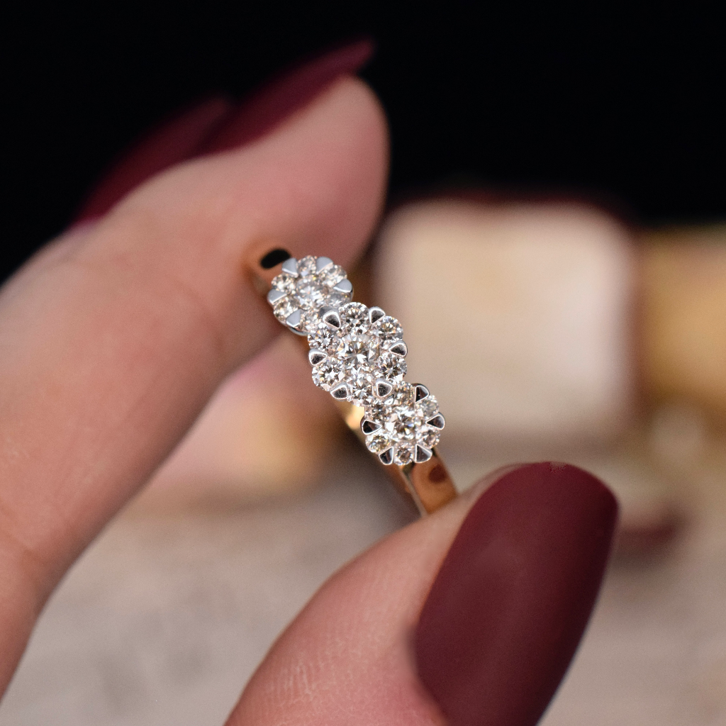 Modern 9ct Yellow Gold Daisy Trilogy Diamond Ring