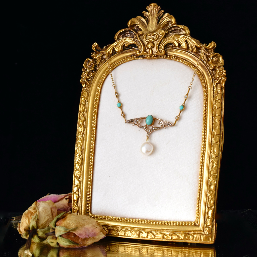 Antique Art Nouveau 15ct And 9ct Turquoise And Pearl Pendant Necklace - Birmingham 1909