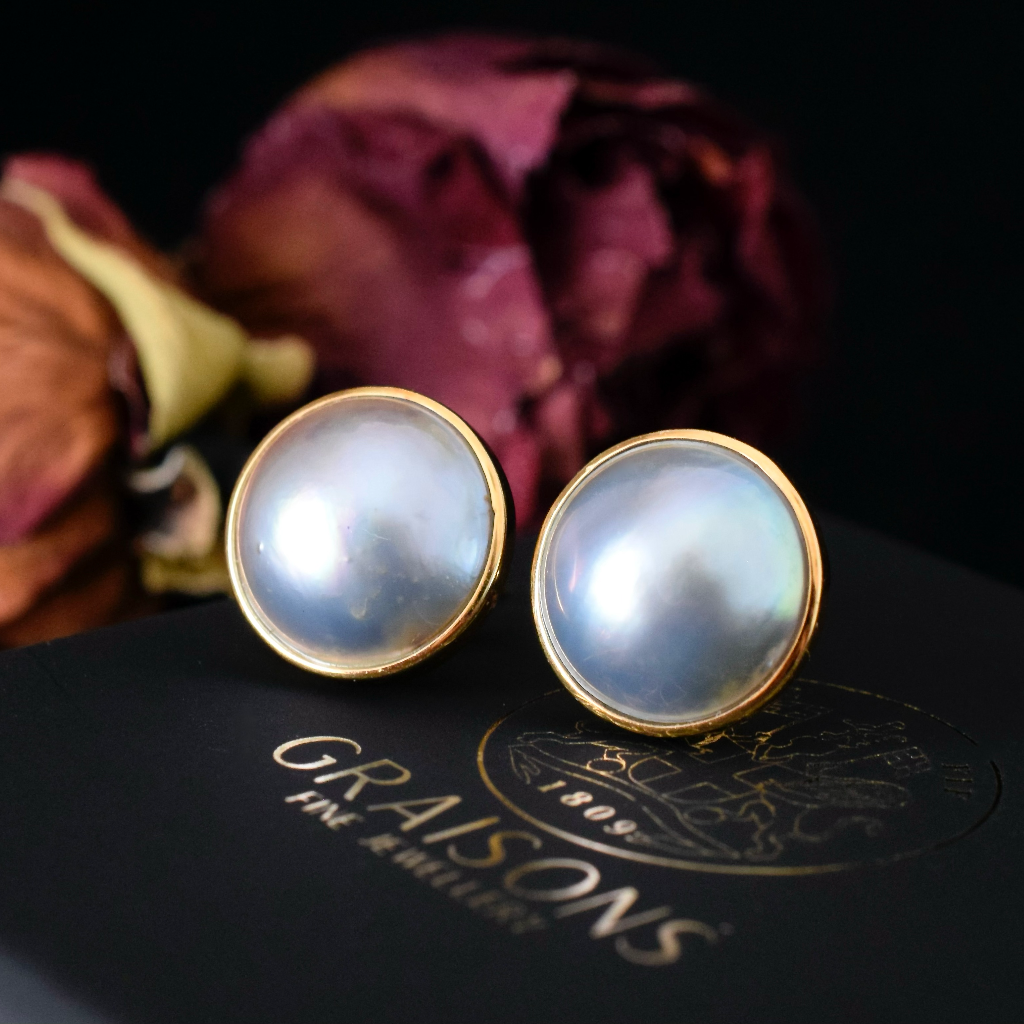 Modern 18ct Yellow Gold Large Mabe Pearl Earrings