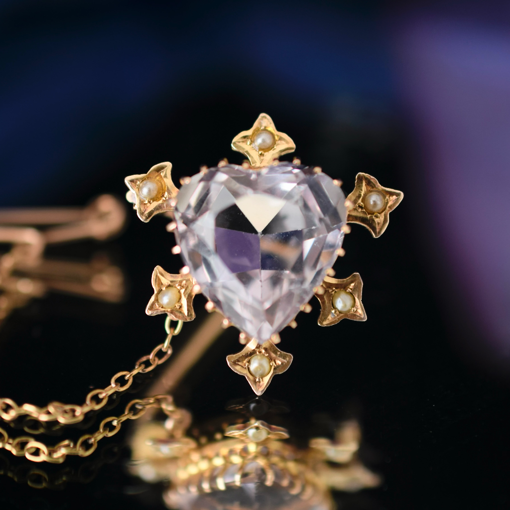 Antique Australian 9ct Gold Amethyst Heart And Pearl Brooch By H. Simonsen Pty Ltd Circa 1915