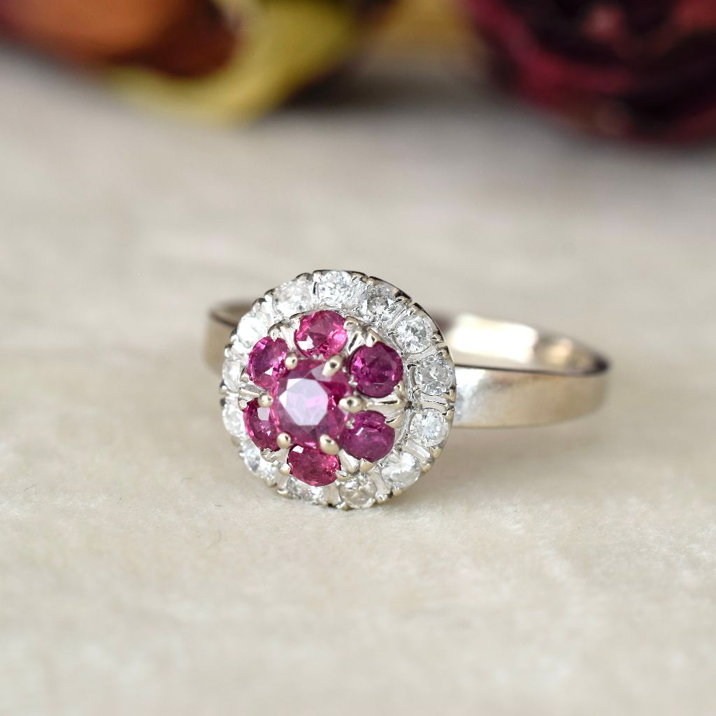 Modern 14ct White Gold Ruby And Diamond Halo Cluster Ring Independent Valuation Included For $4,000 AUD