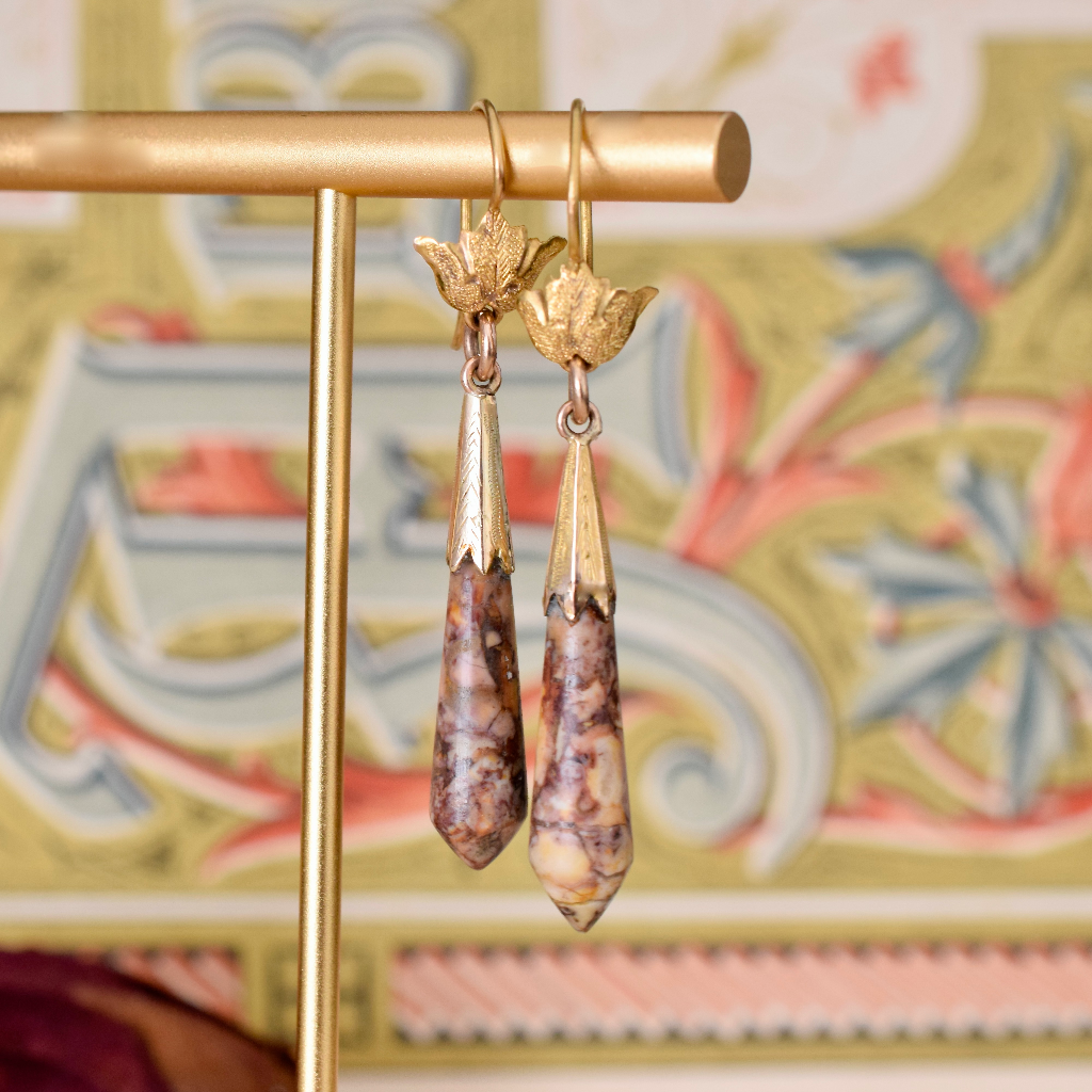 Antique Victorian 19ct And 15ct Gold Rhodonite Torpedo Earrings Circa 1870