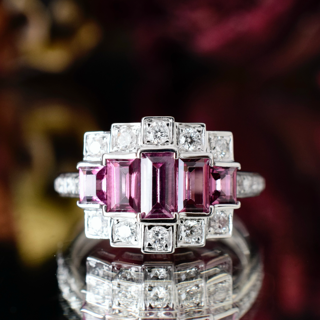 Modern 14ct White Gold Rhodolite Garnet And Diamond Ring