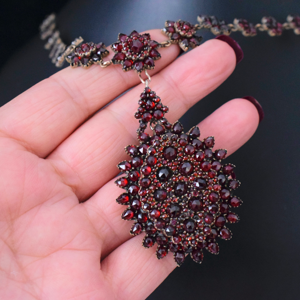 Antique Victorian Bohemian Garnet Locket And Garnet Cluster Chain Circa 1890-1900