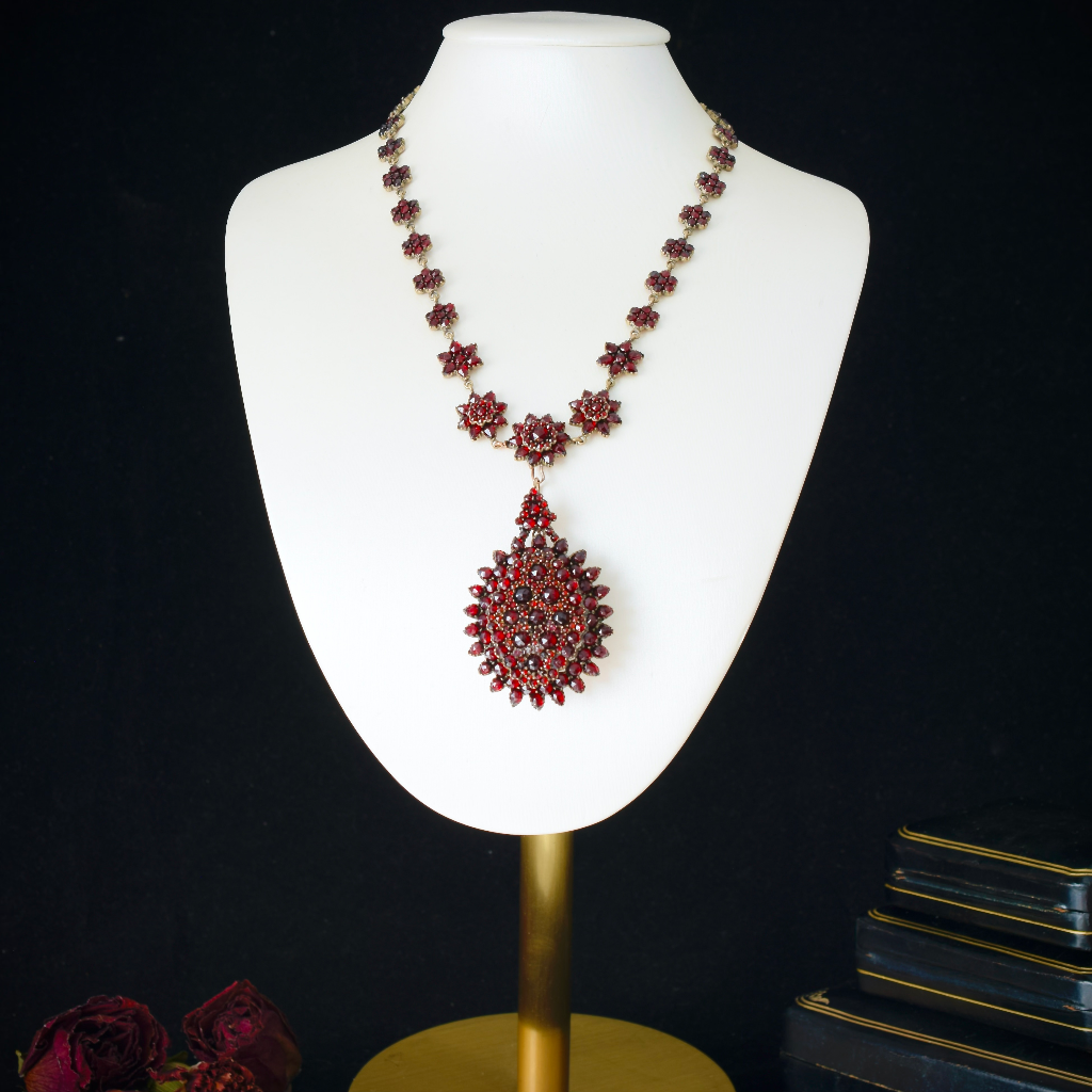 Antique Victorian Bohemian Garnet Locket And Garnet Cluster Chain Circa 1890-1900