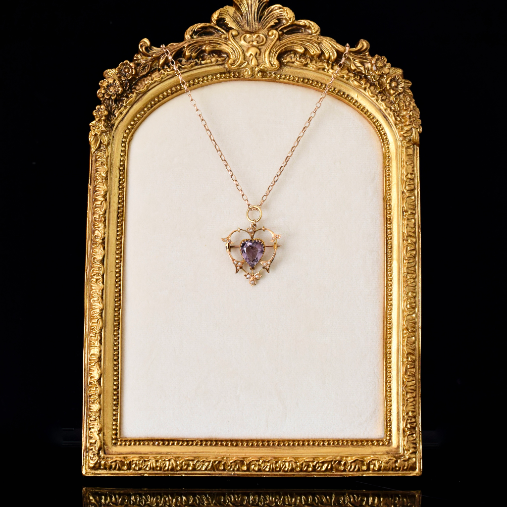 Antique Australian 15ct Yellow Gold Amethyst Heart Pendant/Brooch Circa 1910