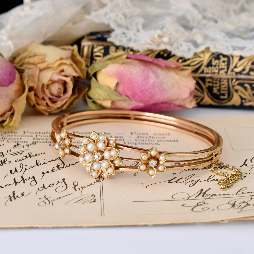 Antique Edwardian 15ct Rose Gold Pearl And Diamond Bangle Circa 1905