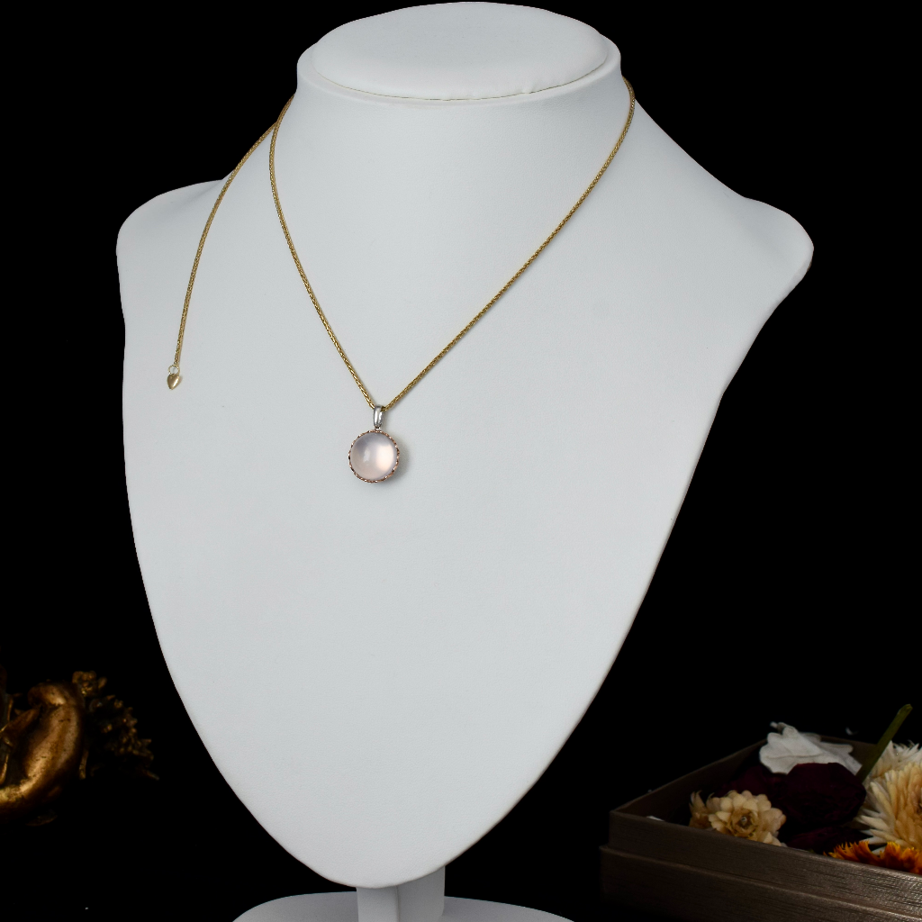 Modern Pink Moonstone 9ct And Sterling Silver Pendant by Hardy Brothers On Italian 9ct Adjustable Chain