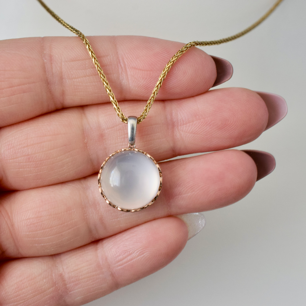 Modern Pink Moonstone 9ct And Sterling Silver Pendant by Hardy Brothers On Italian 9ct Adjustable Chain