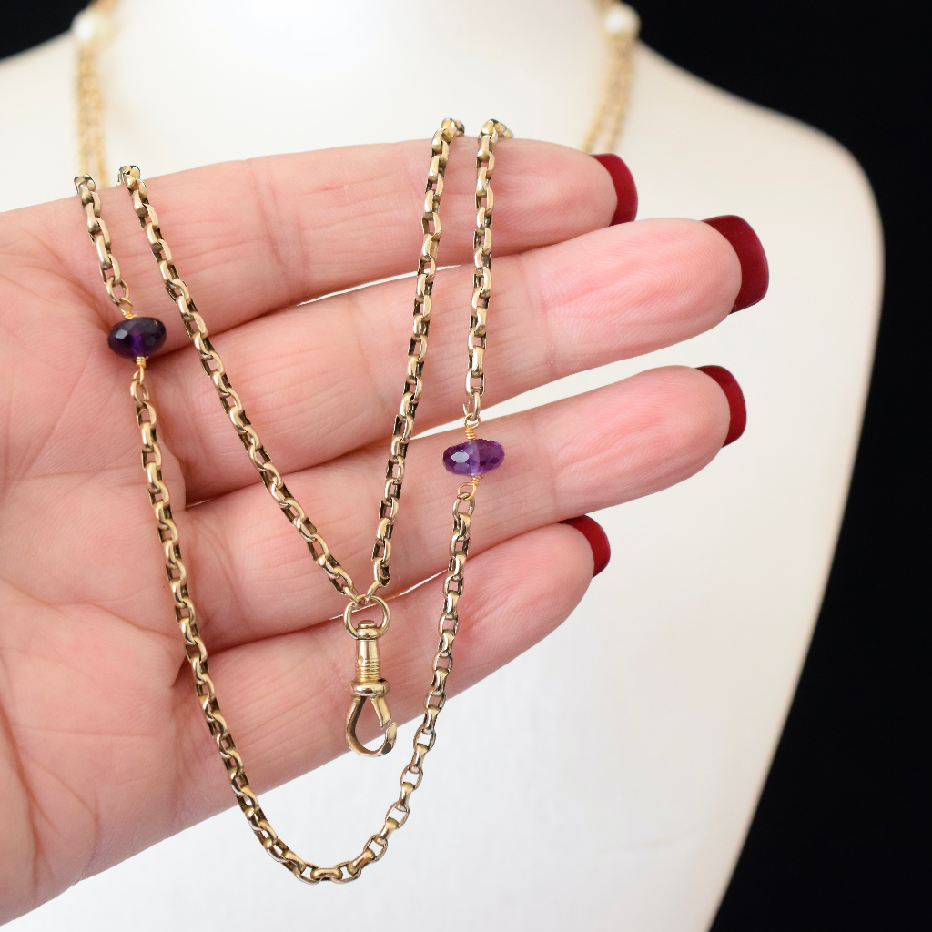 Antique Late Victorian / Edwardian 9ct Rose Gold Amethyst And Pearl Long Guard Chain Circa 1900