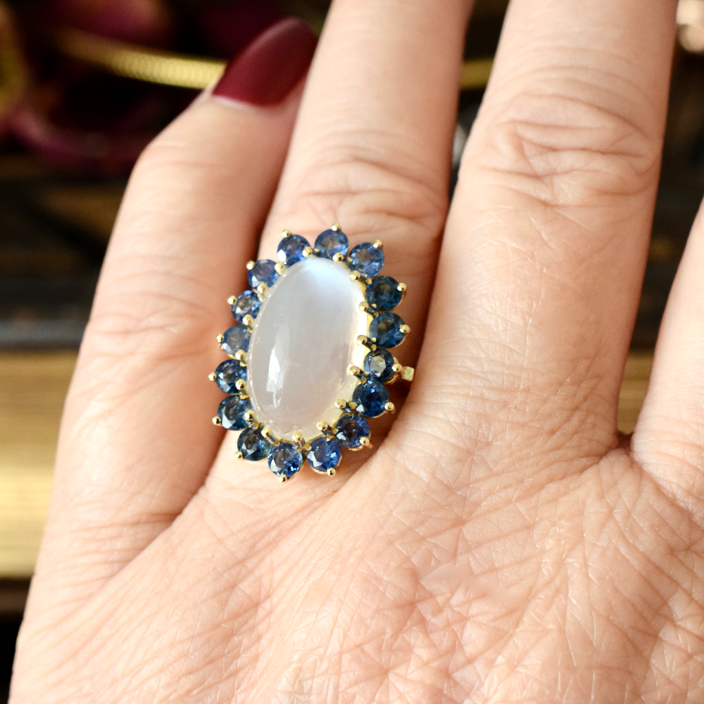 Modern 18ct Yellow Gold Moonstone And Sapphire Ring Independent Insurance/Retail Replacement Valuation Included For $5,250 AUD