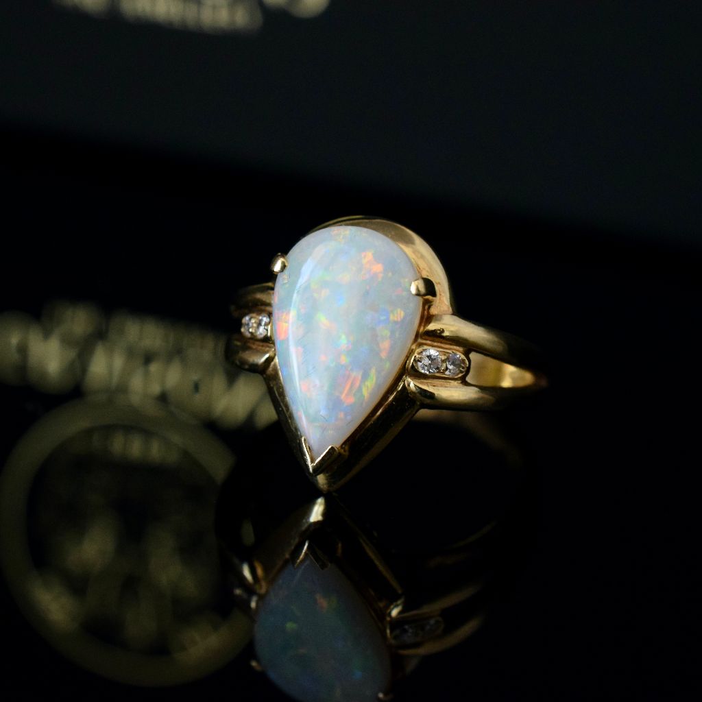 Modern 14ct Yellow Gold Solid Opal Diamond Ring