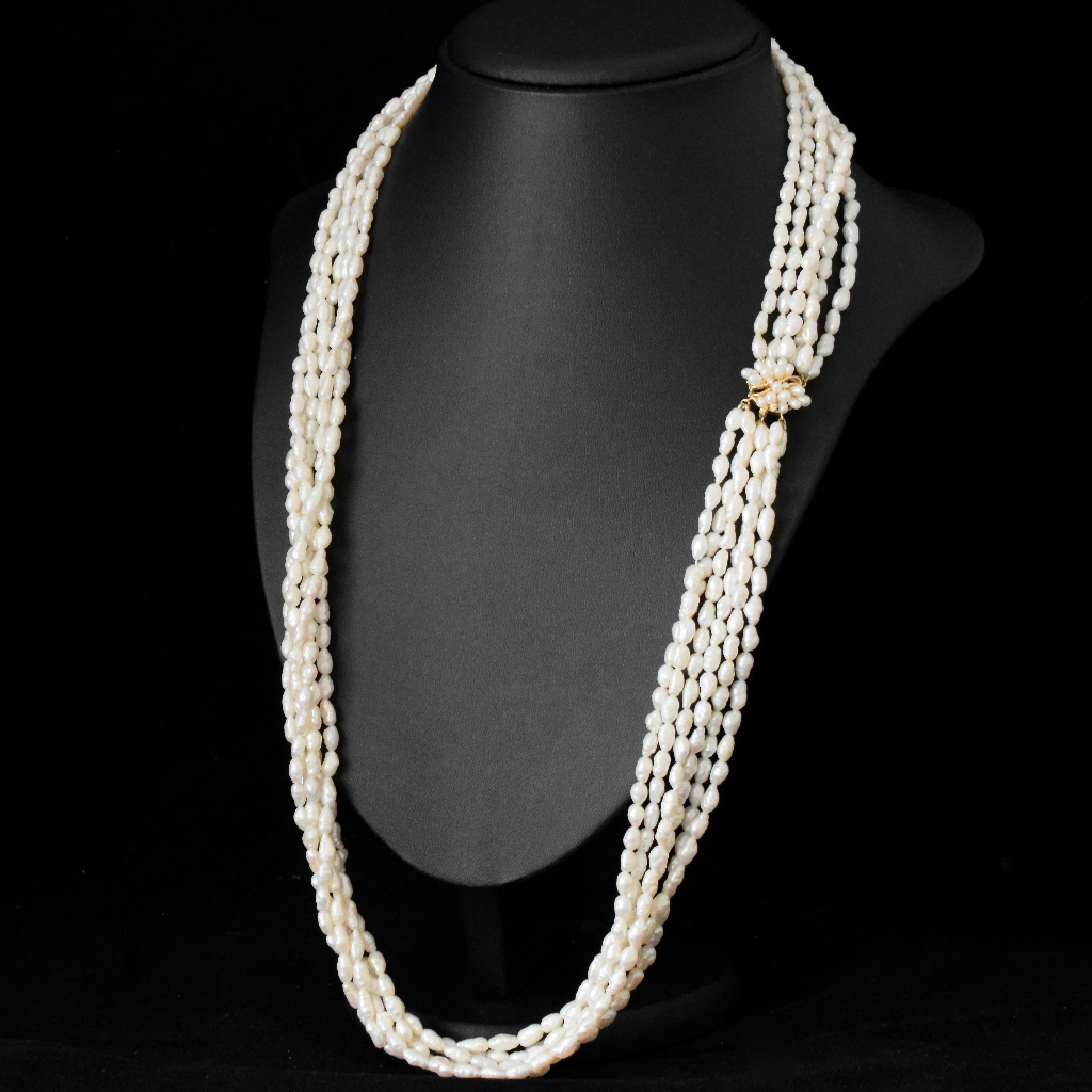 Modern 14ct Yellow Gold, Diamond, Six Strand Freshwater Pearl Necklace - 80cm Long