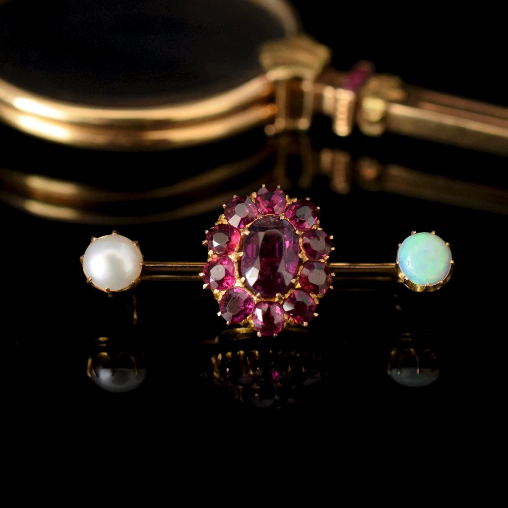 Antique 18ct Yellow Gold Amethyst/Garnet/Opal/Pearl Bar Brooch Independent Valuation Included In Purchase for $2000 AUD