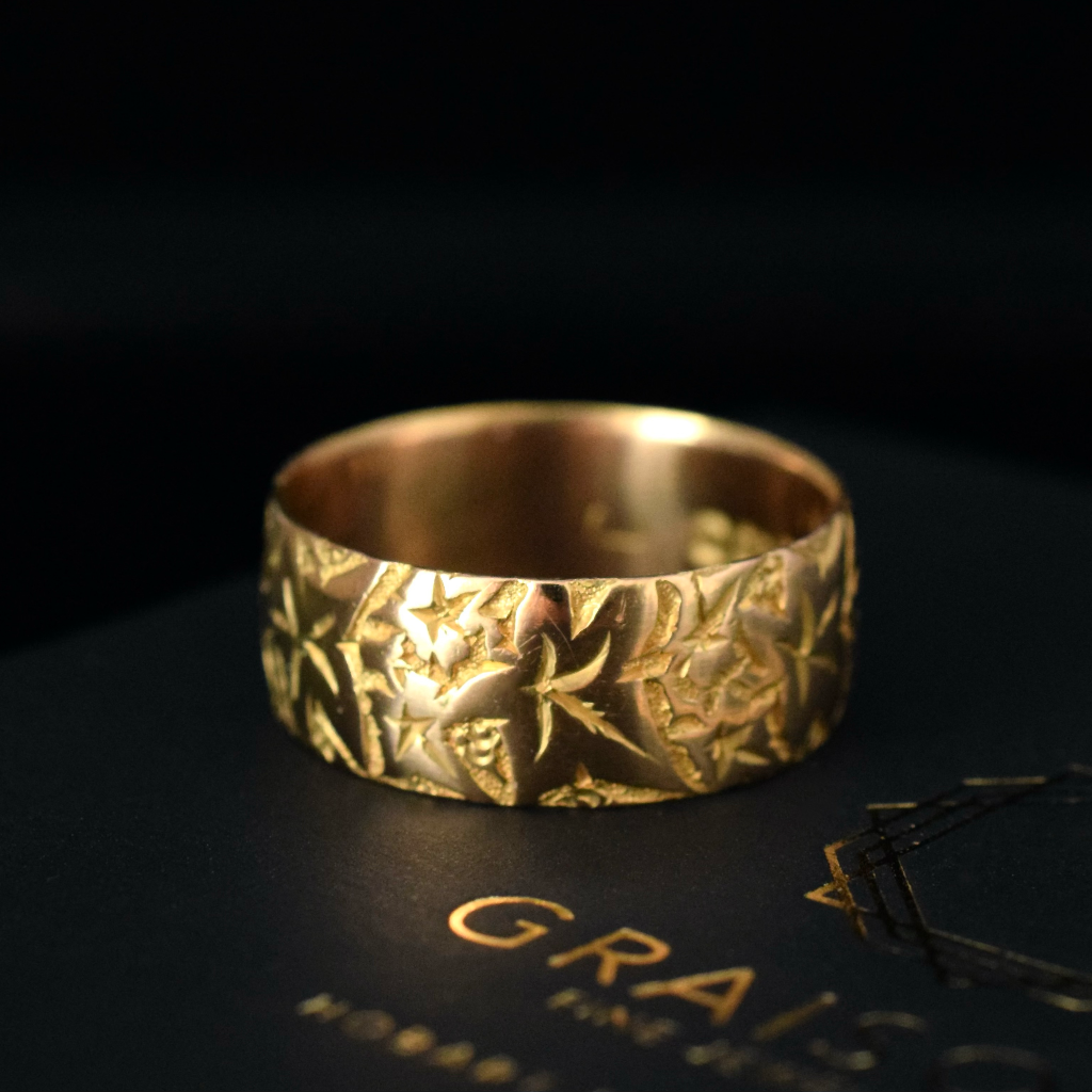 Antique Edwardian 18ct Yellow Gold Floral Wedding Band Chester 1908