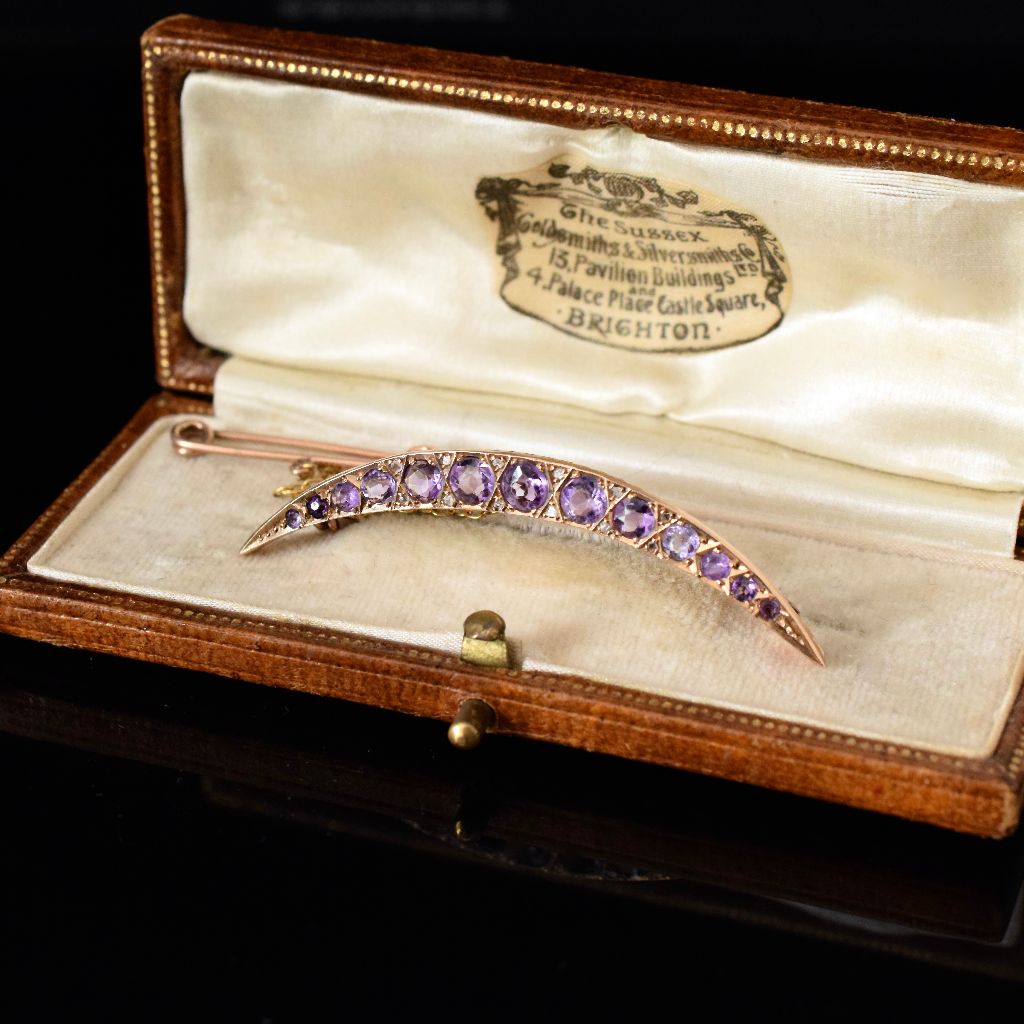 Antique 9ct Rose Gold Amethyst Diamond Crescent Brooch ‘Chester’ 1911