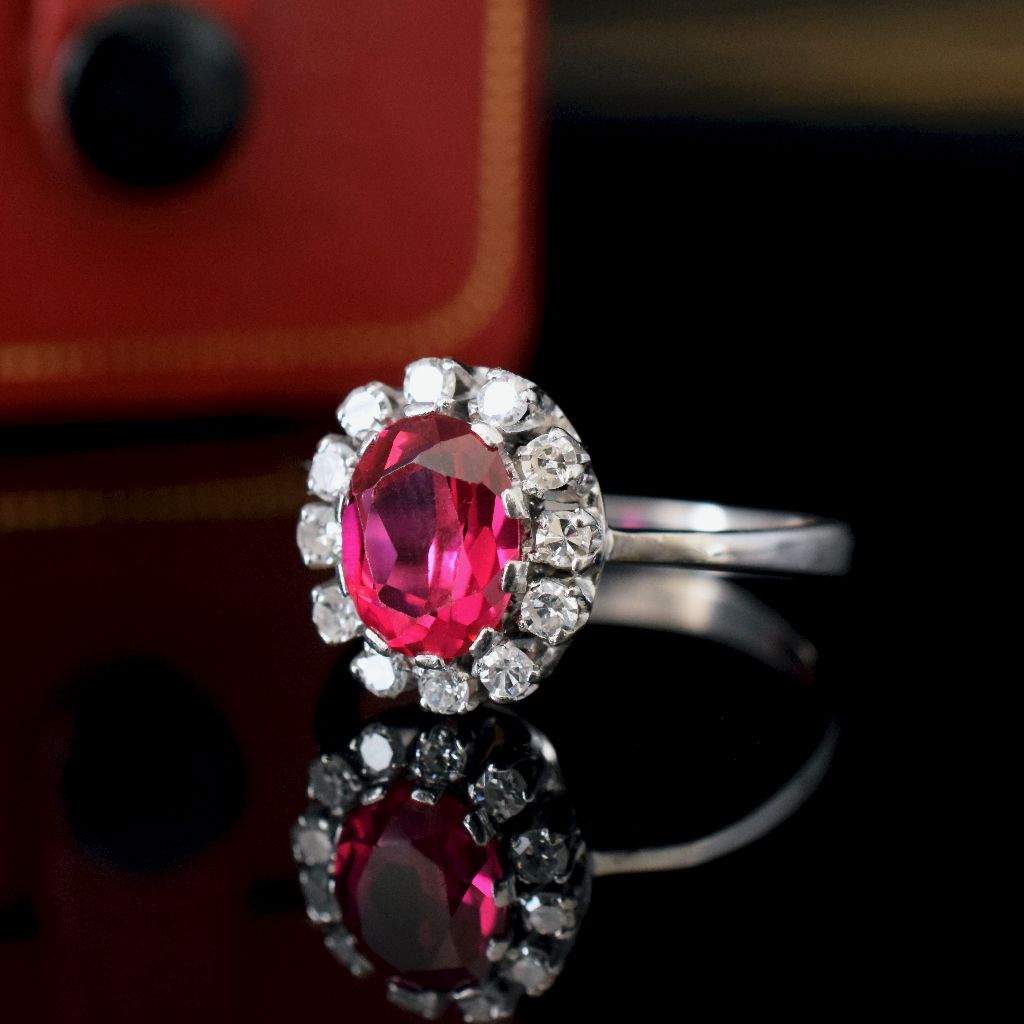 Vintage 18ct White Gold Diamond And Lab Ruby Cluster Ring