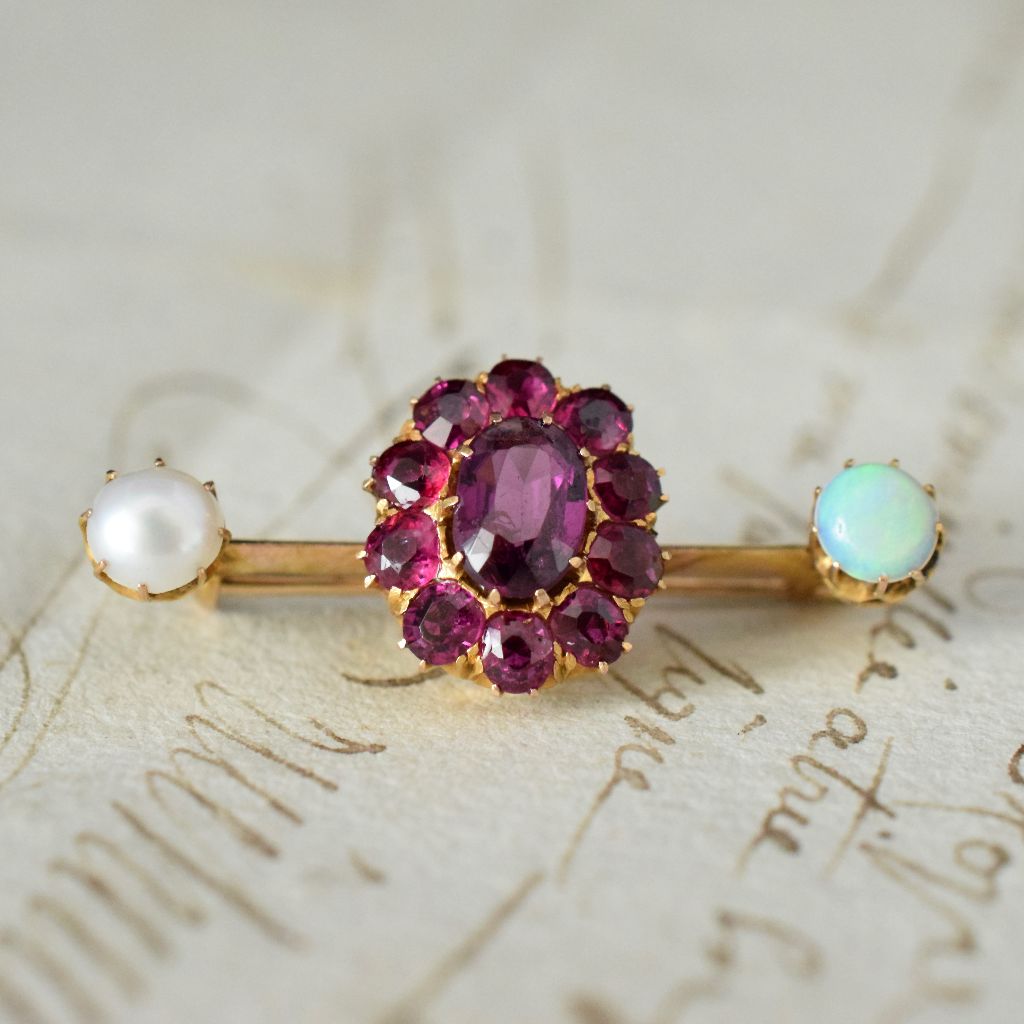 Antique 18ct Yellow Gold Amethyst/Garnet/Opal/Pearl Bar Brooch Independent Valuation Included In Purchase for $2000 AUD