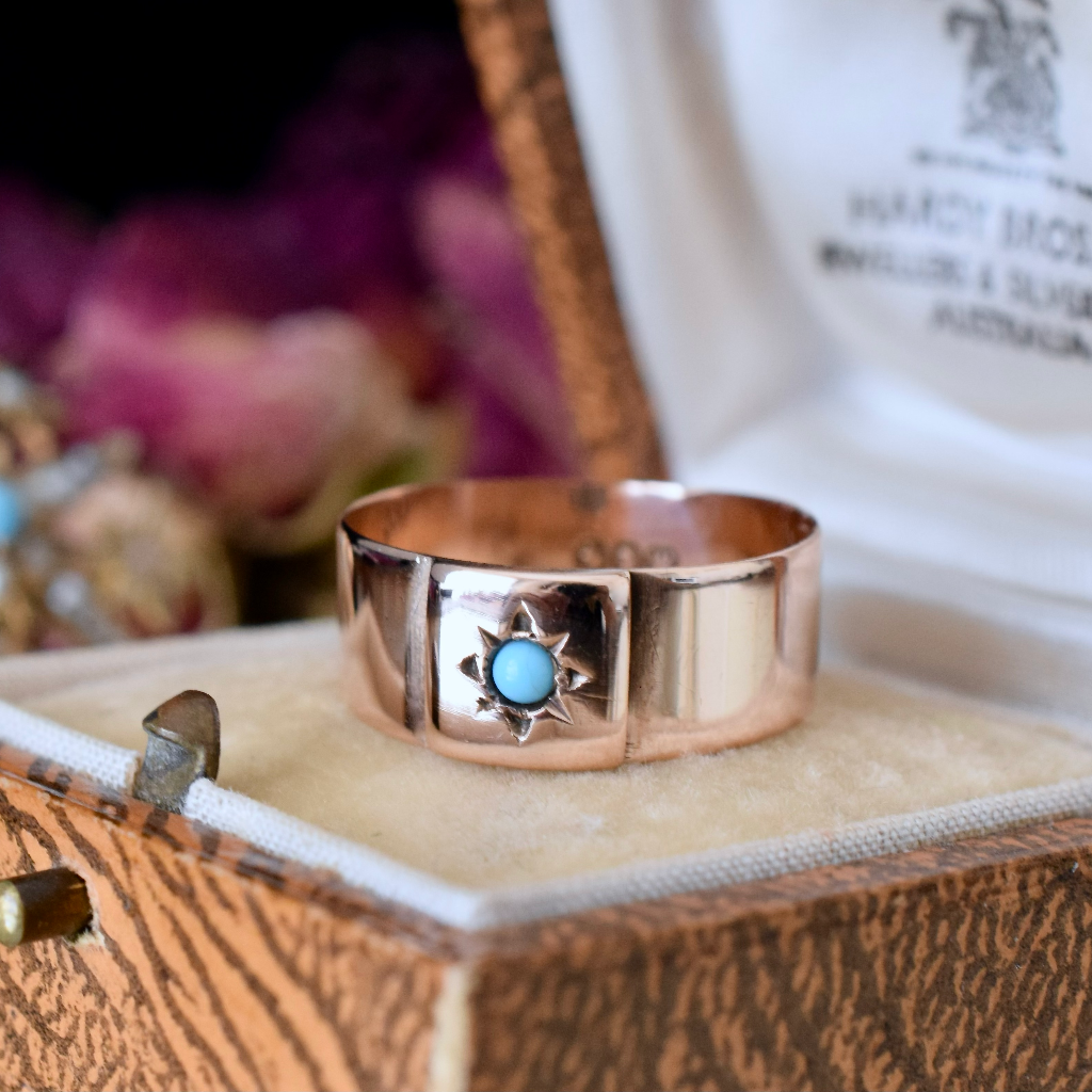 Antique Australian Edwardian 9ct Rose Gold And Turquoise Ring By Willis and Sons Circa 1910