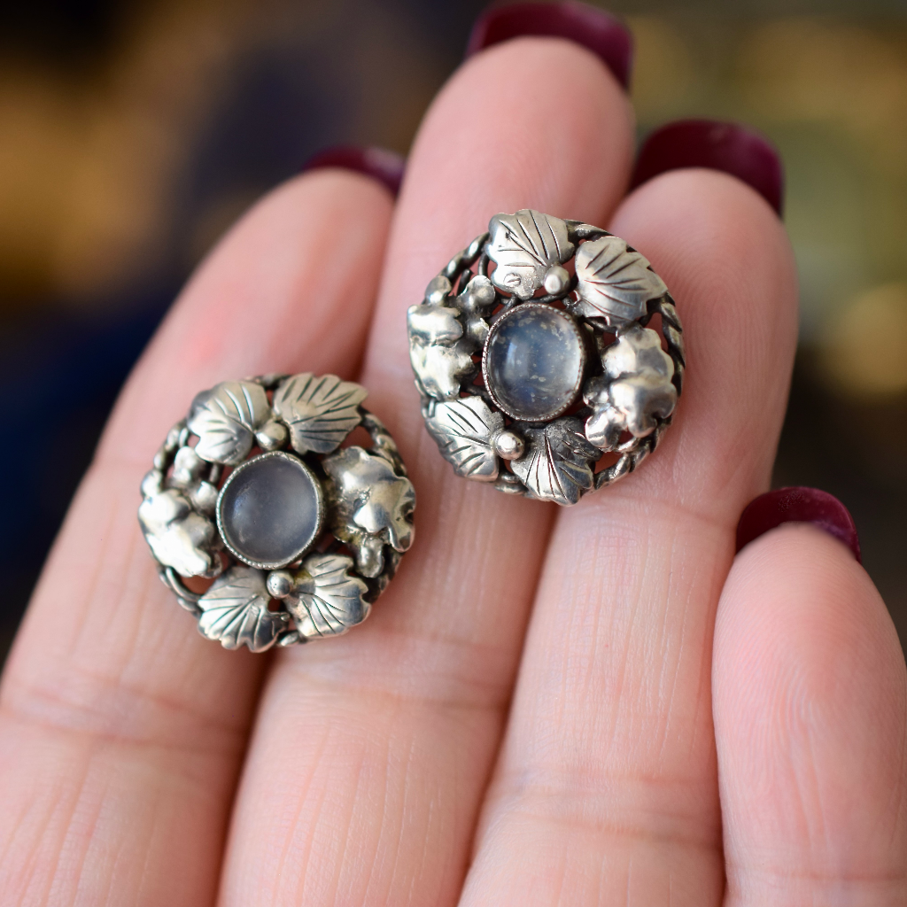 Vintage **Arts & Crafts Sterling Silver And Moonstone Earrings - Possibly By Dorothy Wager