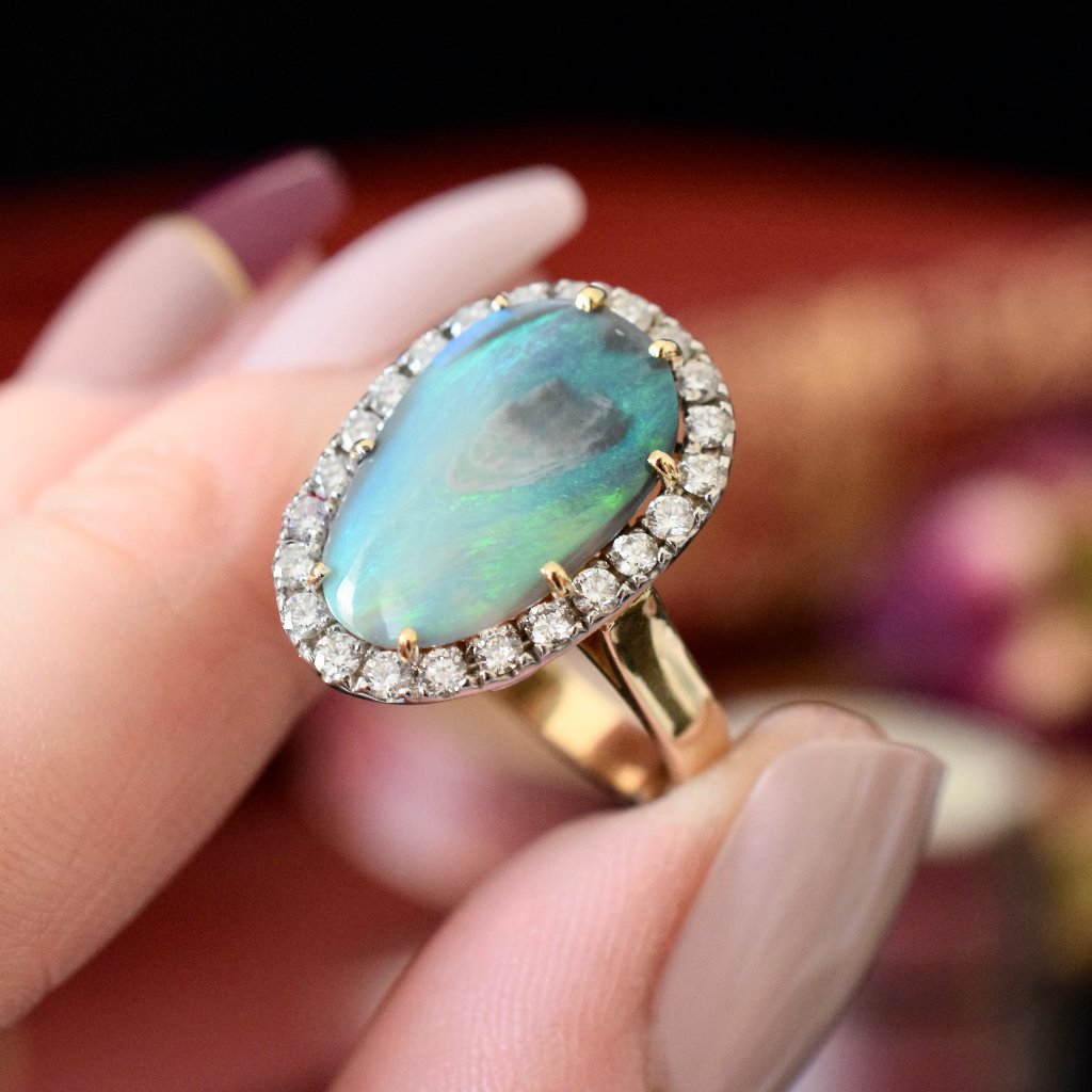 Modern 18ct Yellow Gold Solid Opal and Diamond Ring Independent Valuation Included For $4,500 AUD